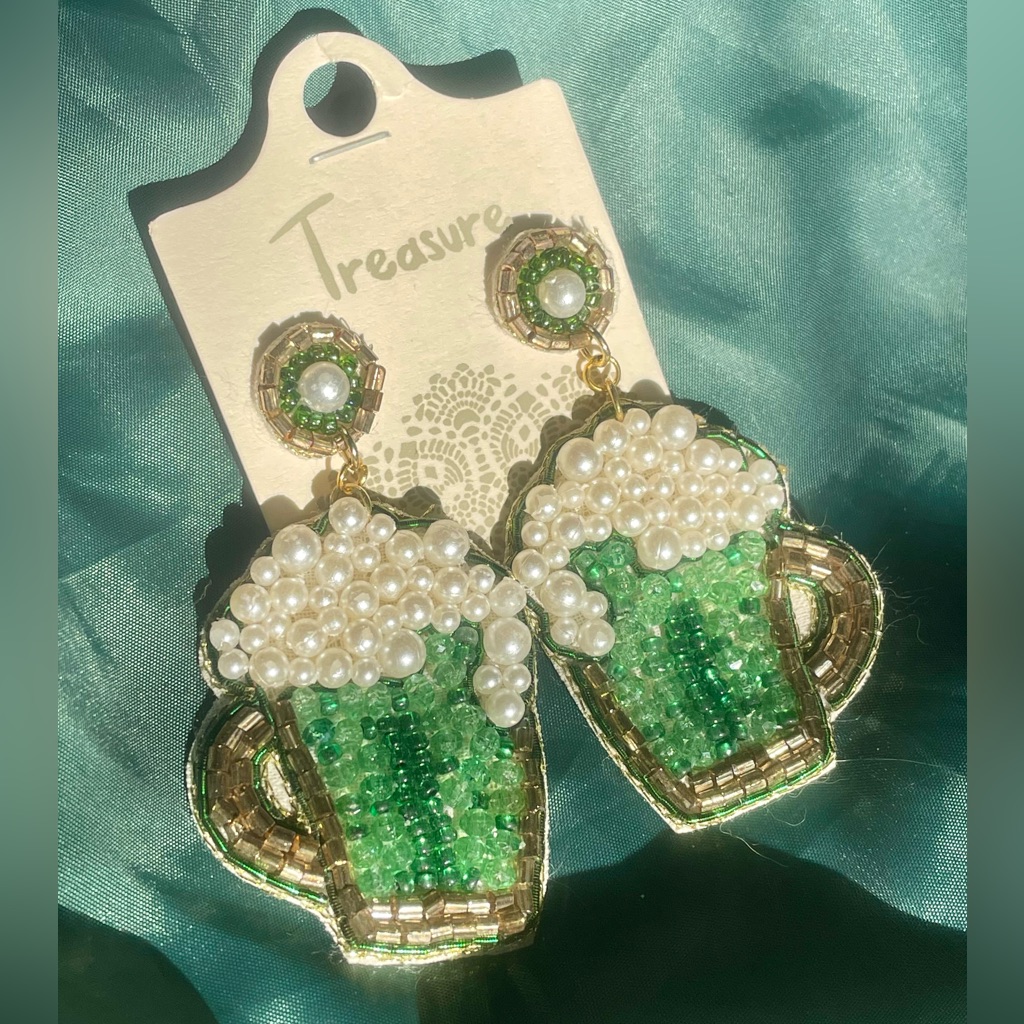 Green Beer Seedbeads With Pearls Beaded Mug Earrings